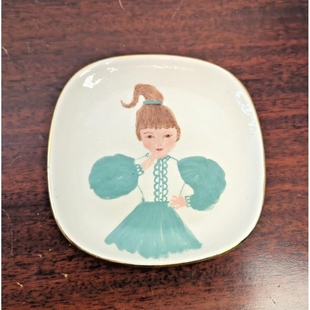 Vintage Little Girl Ceramic Trinket Dish Mid Century Nursery Plate Teal Gold